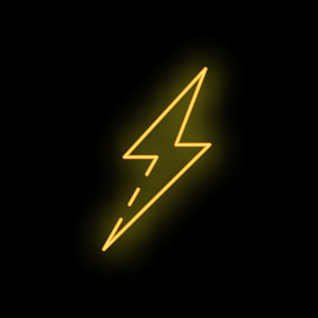 Signo de neón amarillo que muestra la forma de un rayo sobre un fondo negro