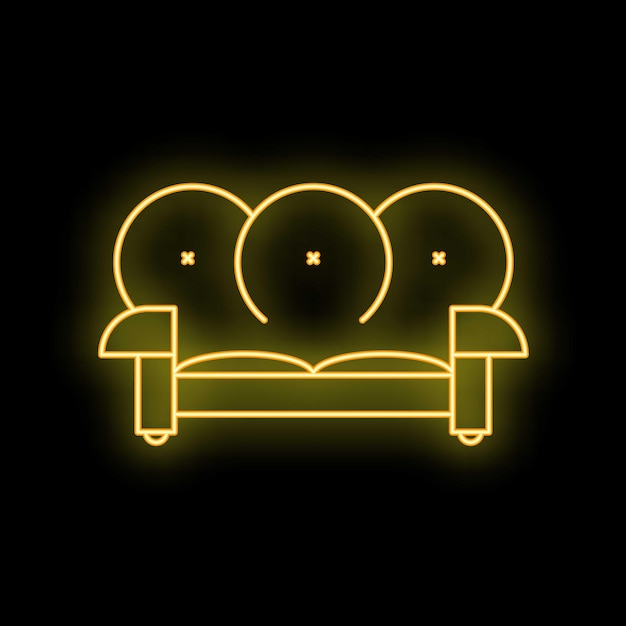 Signo de neón amarillo de un sofá sobre un fondo negro