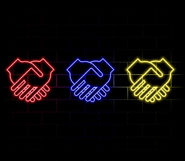 Signo de neón de apretón de manos Diseño de acuerdo Signo de neon brillante nocturno pancarta de anuncios de colores bandera de luz vectorial i