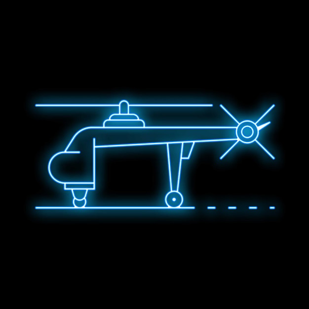 Signo de neón azul de un helicóptero militar despegando por la noche