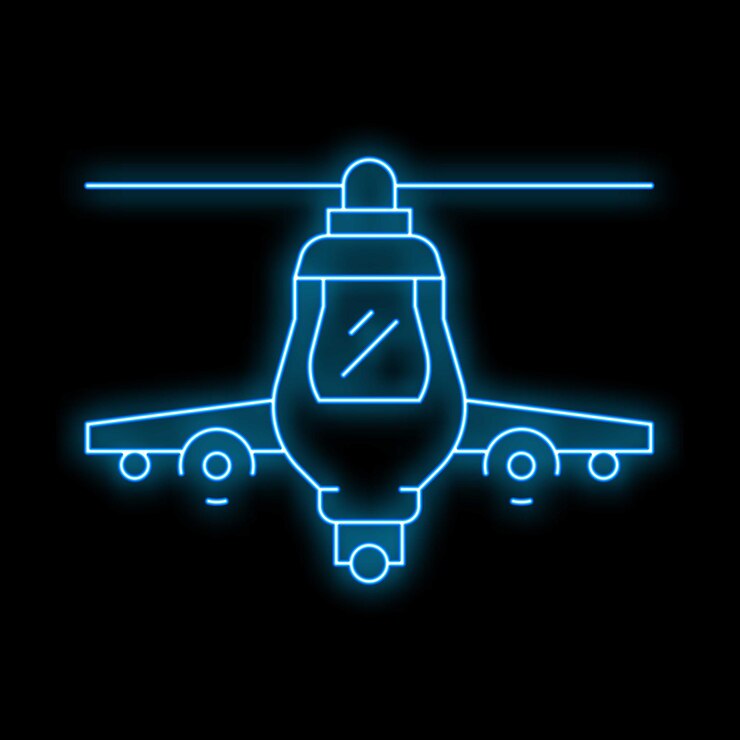 Vector signo de neón azul de un helicóptero militar volando en la oscuridad