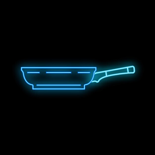 Signo de neón azul de una sartén sobre un fondo negro