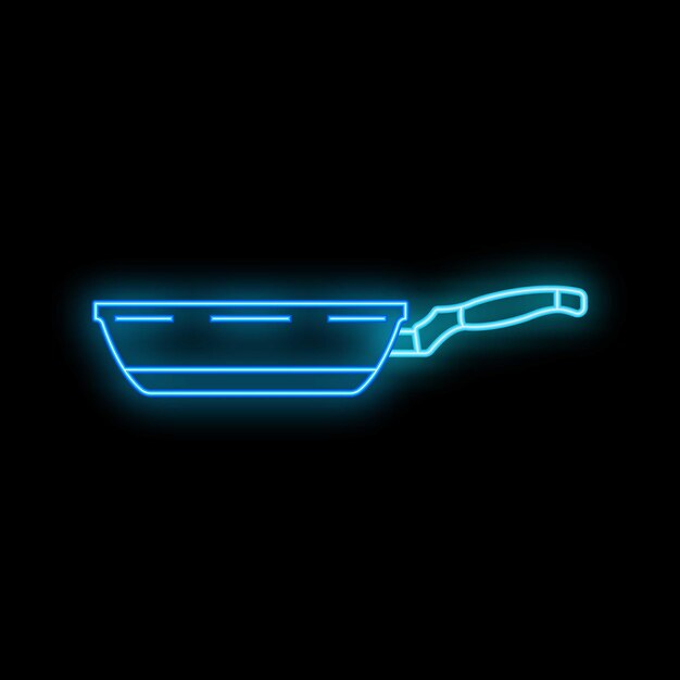 Signo de neón azul de una sartén vacía sobre un fondo negro