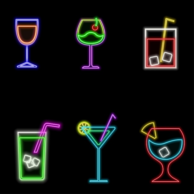 Signo de neón de la barra de tequila Conjunto de iconos de neón para cócteles Colección de cócteles Signos de neón Para bebidas alcohólicas mexicanas