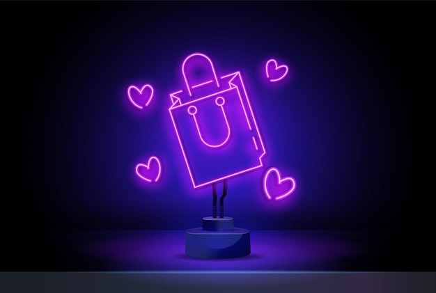 Signo de neón de compras del día de san valentín. bolsa de la compra con asas. carro de la compra en la tienda online. elemento de diseño lineal de neón. signo vectorial brillante.