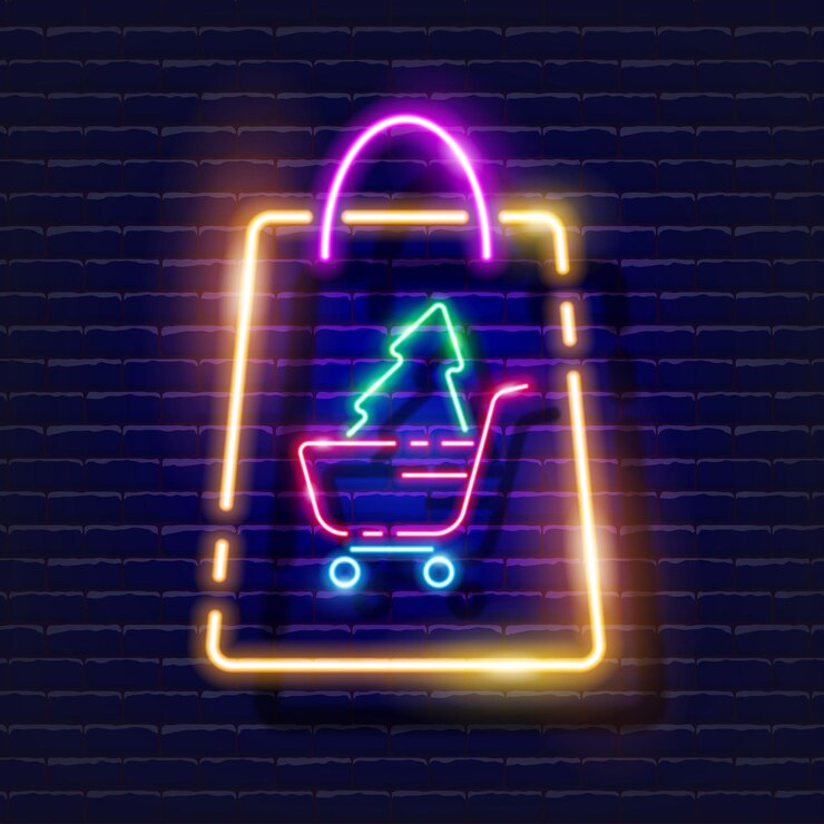 Vector signo de neón de compras navideñas icono brillante de entrega concepto de año nuevo y navidad