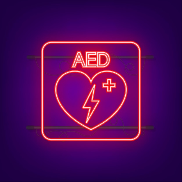Signo de neón del desfibrilador de primeros auxilios de emergencia Icono de corazón blanco e icono de cruz blanca