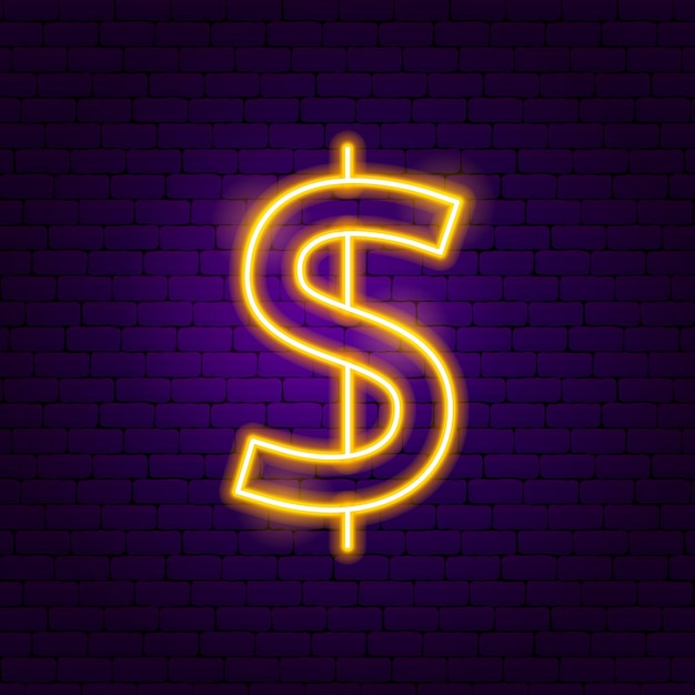 Signo de neón de dólar. Ilustración de vector de promoción de dinero.