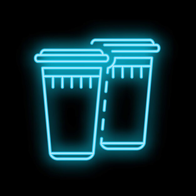 Signo de neón de dos tazas de plástico con pajitas para bebidas frías en fondo negro