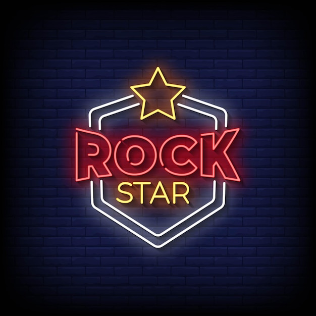 Signo de neón estrella de roca con vector de fondo de pared de ladrillo