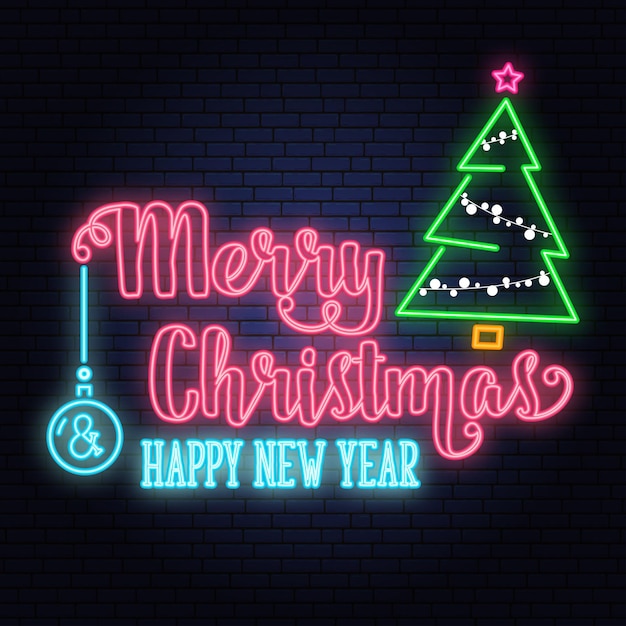 Signo de neón de Feliz Navidad y Feliz Año Nuevo con árbol de Navidad Ilustración vectorial