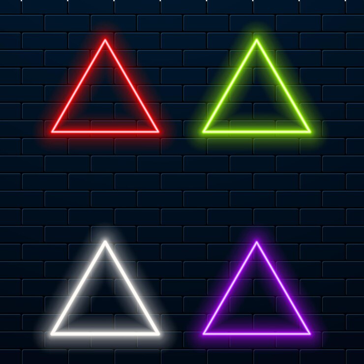 Vector signo de neón fondo triangular marco abstracto eléctrico brillante sobre un fondo oscuro bandera ligera con brillo