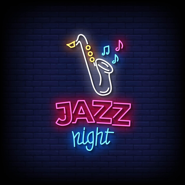 Signo de neón de jazz nocturno con el vector de fondo de la pared de ladrillo