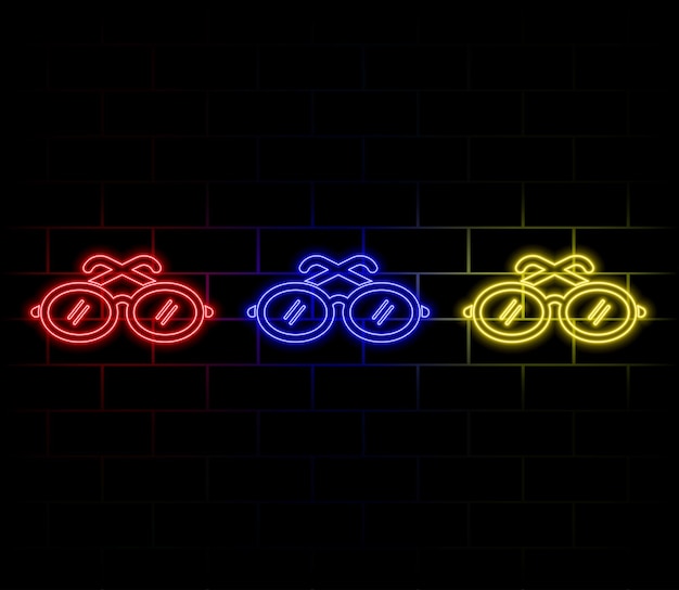 Signo de neón Un juego de gafas de neón de diferentes colores Líneas brillantes láser sobre un fondo negro