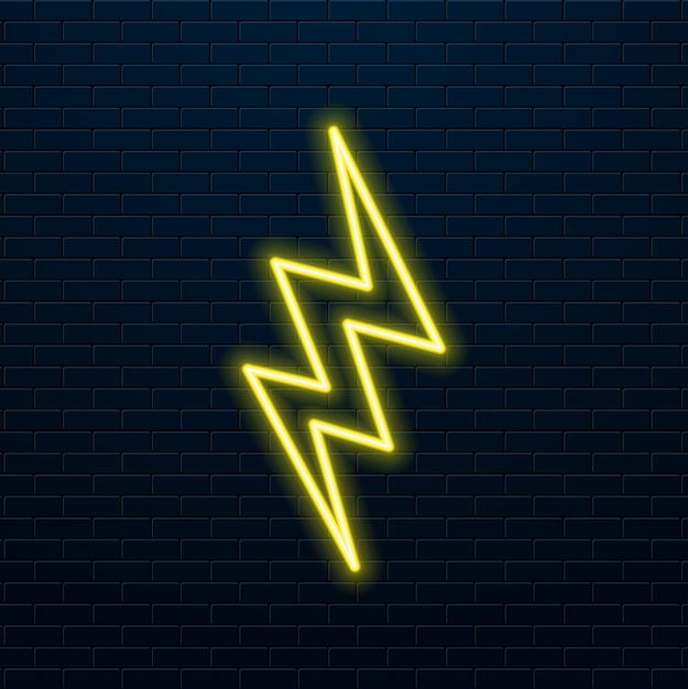 Signo de neón en una pared de ladrillo Icono de carga de relámpago brillante Espectro de fondo abstracto Colores vibrantes