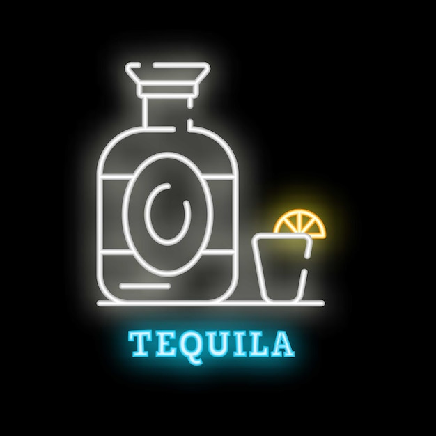 Signo de neón que muestra una botella y un vaso de tequila con una rebanada de lima