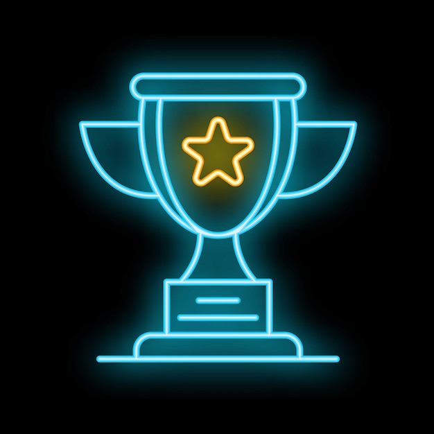 Signo de neón que representa una copa de trofeo con una estrella brillando sobre un fondo negro