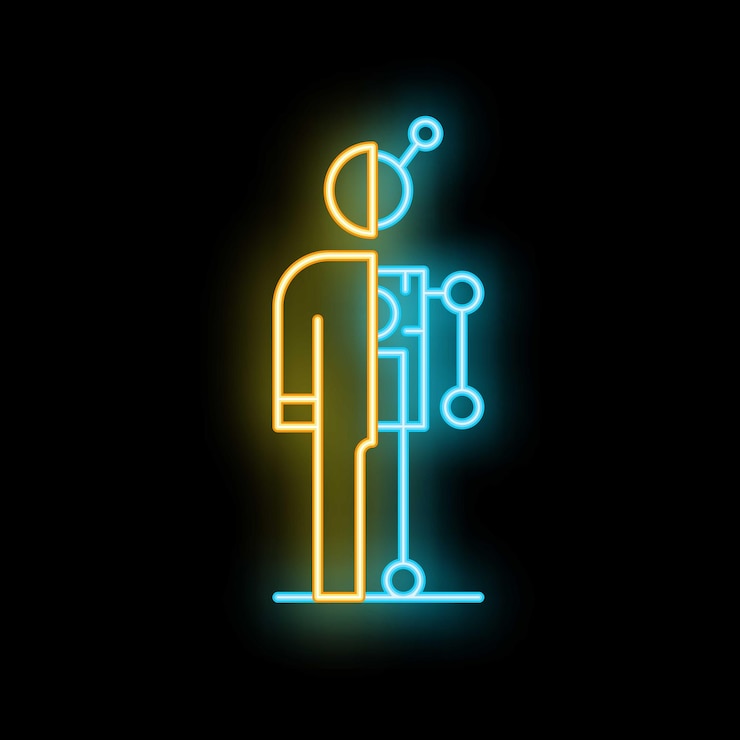 Vector signo de neón que representa a un humano transformándose en un robot que simboliza la inteligencia artificial