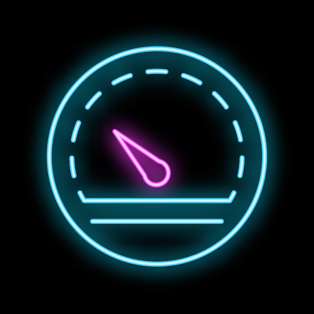 Signo de neón que representa el velocímetro que muestra el aumento de la velocidad en fondo negro