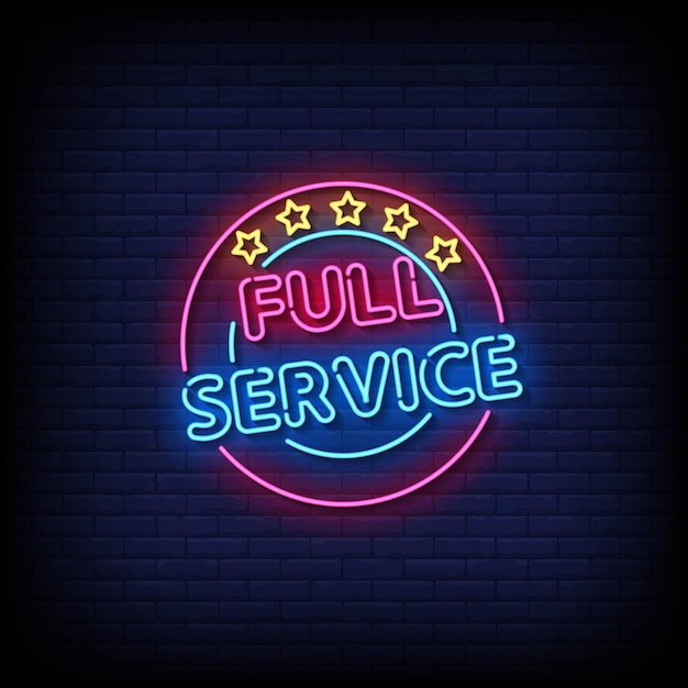 Signo de neón servicio completo con vector de fondo de pared de ladrillo