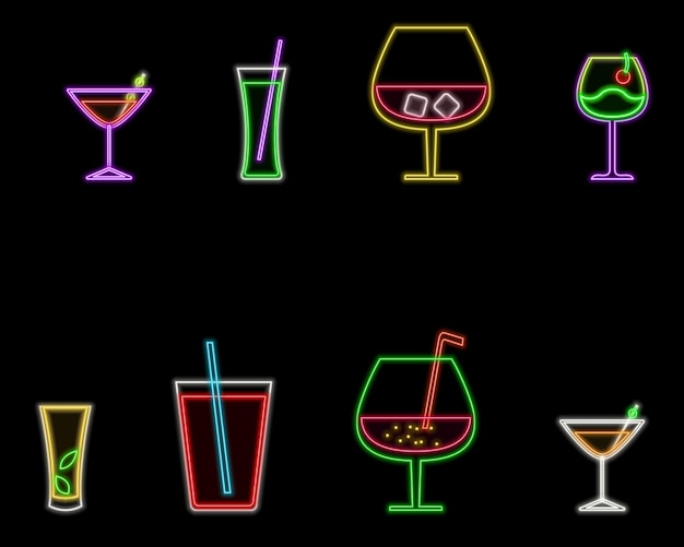 Signo de neón vectorial realista aislado de cócteles para decoración y cubierta de bebidas íconos discoteca