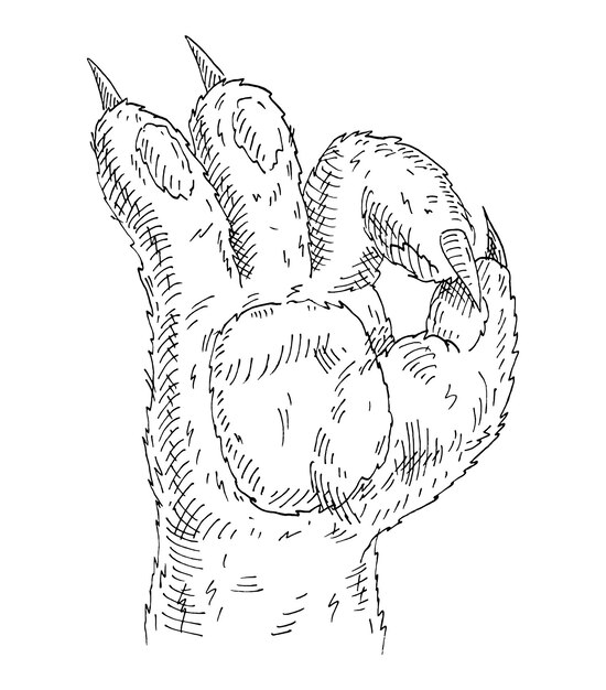 Signo de pata de gato que muestra el signo bien. Ilustración de trama gris monocromo de vector vintage aislada sobre fondo blanco. Elemento de diseño dibujado a mano para camiseta
