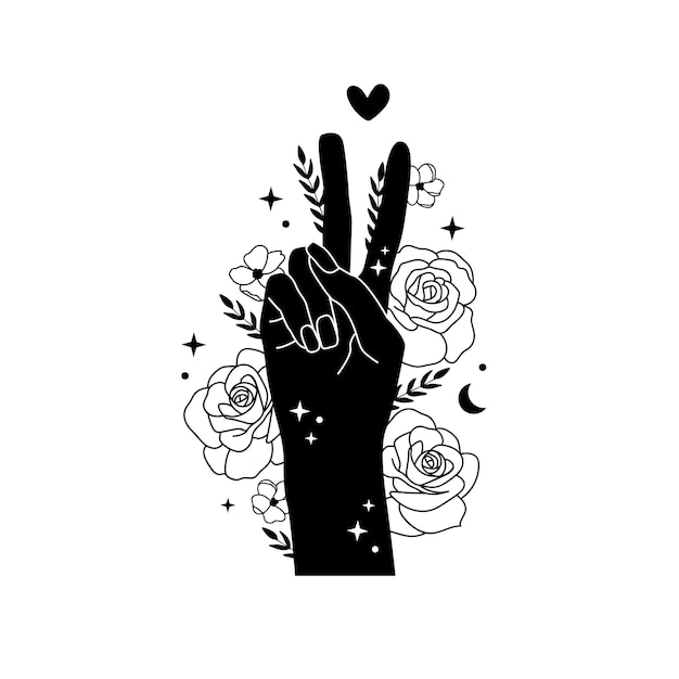 Signo de la paz con dos dedos flores y hojas.