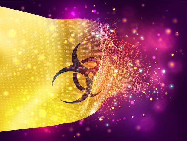 Signo de peligro viral y bacteriano en una bandera 3d vector amarillo sobre fondo rosa púrpura con iluminación y bengalas