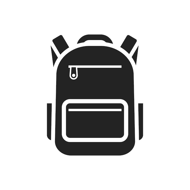 Signo de pictograma aislado de mochila negra sobre fondo blanco diseño sencillo para una escuela de viajes
