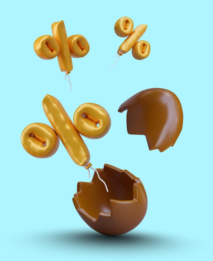Vector el signo de porcentaje de globo dorado vuela fuera de los descuentos de pascua de huevos de chocolate rotos