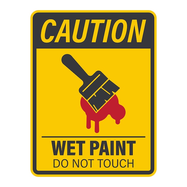 Signo de precaución aislado advertencia de pintura húmeda con pincel y pintura goteante ilustración símbolo de precaución