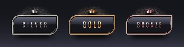 Signo de premio de rango 3d con marco metálico y corona Signo de rango metálico de oro, plata y bronce