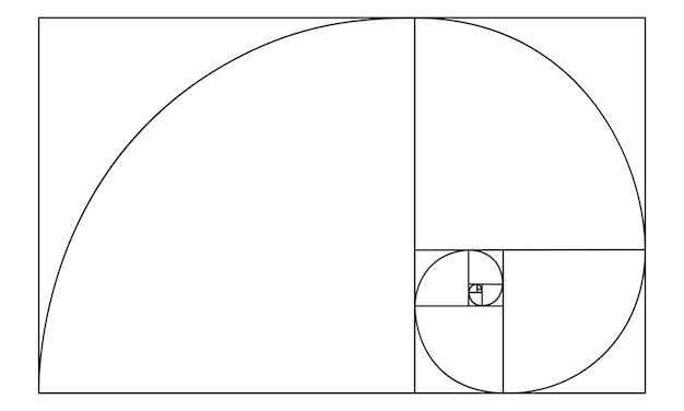 Vector signo de proporción áurea espiral logarítmica en rectángulo forma de concha de nautilus secuencia de leonardo fibonacci