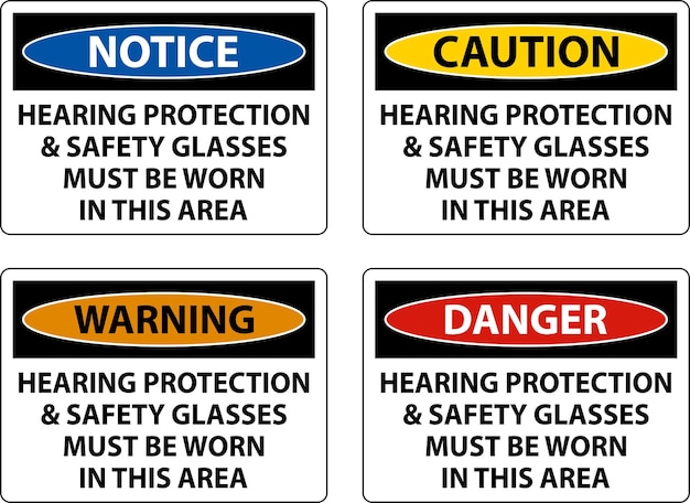 Signo de protección auditiva y gafas de seguridad sobre fondo blanco