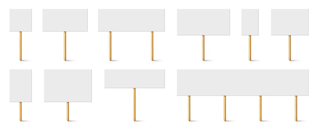 Signo de protesta en blanco con soporte de madera demostración vectorial realista pancarta de acción de huelga cartón