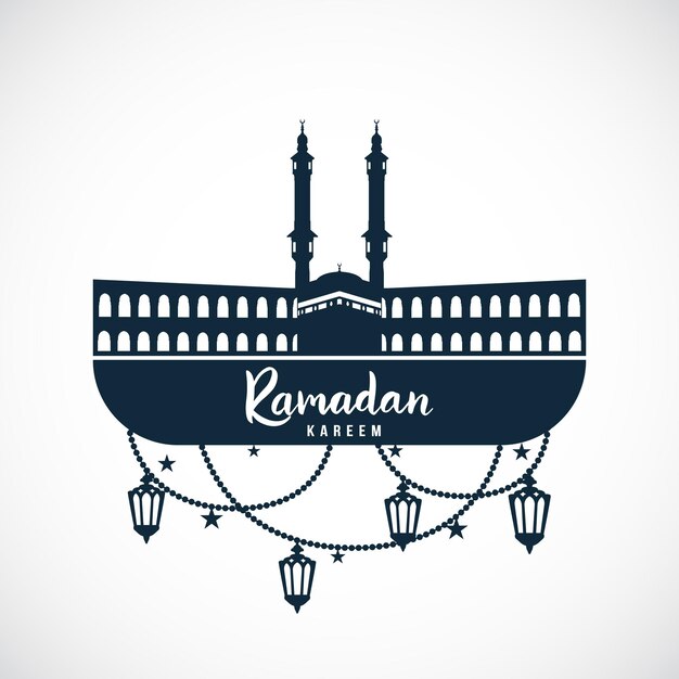 Signo de Ramadán Kareem de la mezquita con lámparas colgantes