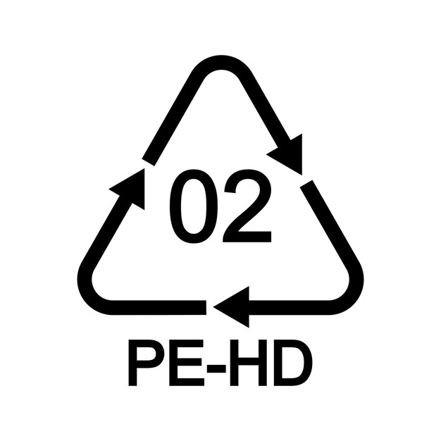 Signo de reciclaje de HDPE o PE HD 02 de forma triangular con flechas Icono de plástico reutilizable
