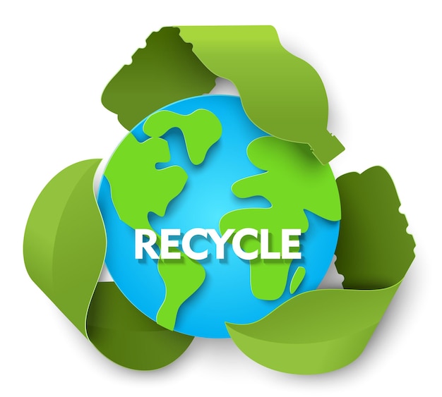 Signo de reciclaje verde, planeta tierra globo, ilustración de corte de papel de vector. Reciclar, Día Mundial del Medio Ambiente, salvar el planeta.