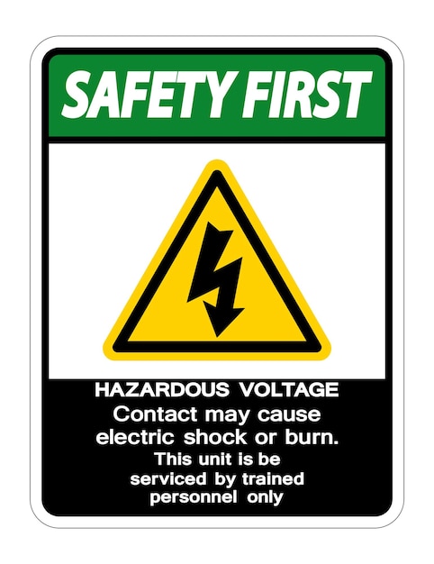 Signo de seguridad primer contacto de tensión peligrosa puede causar choque eléctrico o quemaduras aislado en fondo blanco Ilustración vectorial