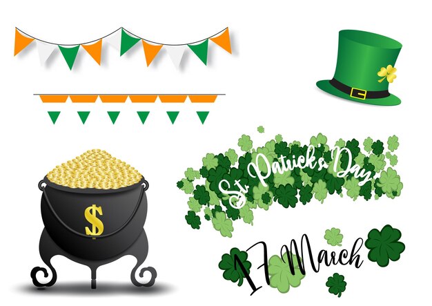 Signo y símbolos del día de San Patricio con banderas triangulares irlandesas aisladas sobre fondo blanco Símbolos de objetos del día de San Patricio en diseño vectorial