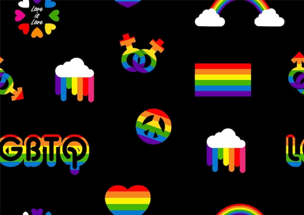 Signo y símbolos del mes del orgullo LGBT en papel tapiz transparente y envoltura de regalo sobre fondo negro