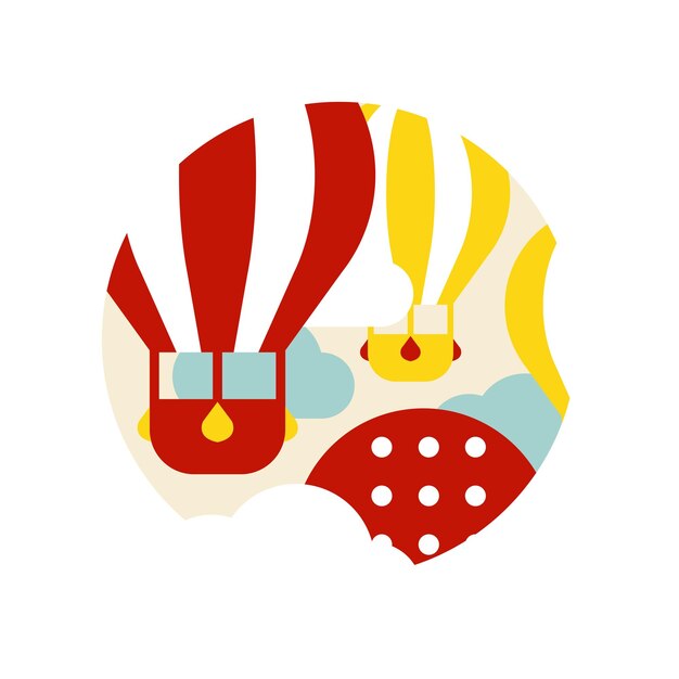 Signo de turismo con globos de aire caliente, diseño de logotipo de viaje, elemento para emblema o vector de insignia ilustración aislada en un fondo blanco.