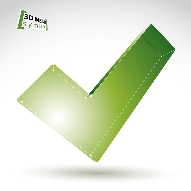 Vector signo de validación colorido de malla 3d aislado en fondo blanco, icono de marca de verificación ecológica verde, símbolo de verificación de tecnología dimensional brillante, ilustración de vector eps 8 clara.