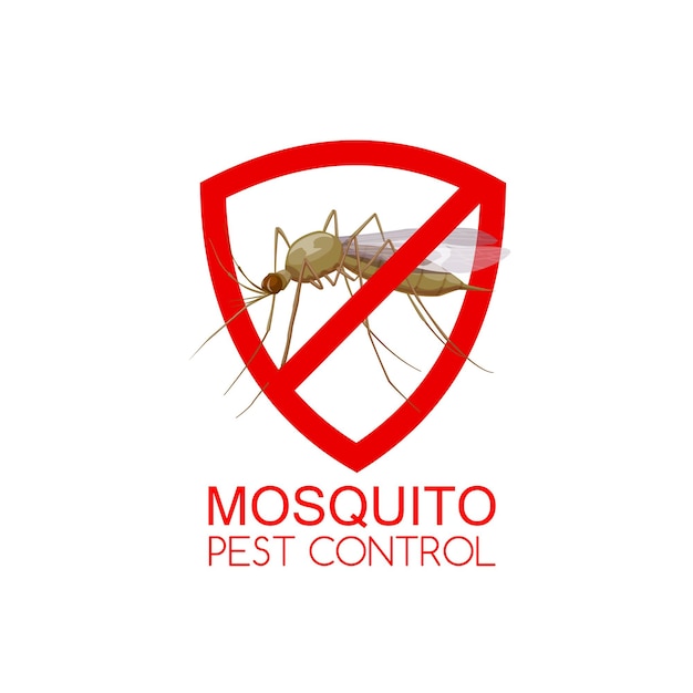 Signo de vector de mosquito con control de plagas de insectos o mosquitos. Detener y símbolo de advertencia rojo anti mosquitos de plaga de insectos con alas y patas largas, servicio de control de plagas, desinfección y desinsectación