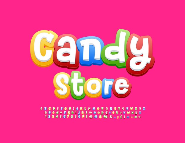 Signo vectorial de colores Tienda de dulces Artístico Alfabeto Cartas Números y símbolos Fuente brillante y divertida