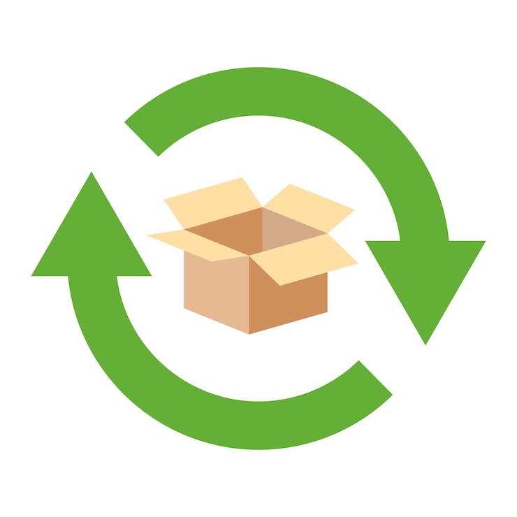 Vector signo vectorial de reciclaje o reutilización de materiales de embalaje con una caja de cartón y dos flechas