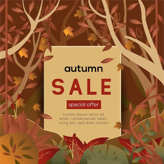 signo de venta de otoño con fondo de vegetación de bosque
