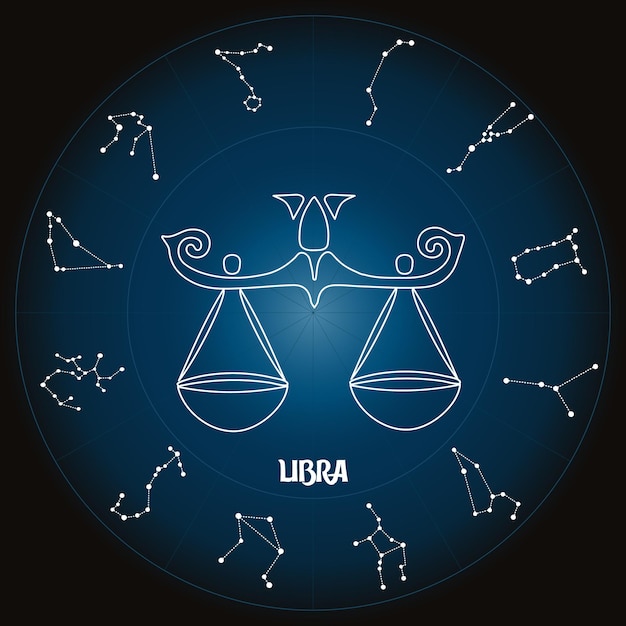 Signo zodiacal Libra en círculo astrológico con constelaciones zodiacales, horóscopo. Azul y blanco