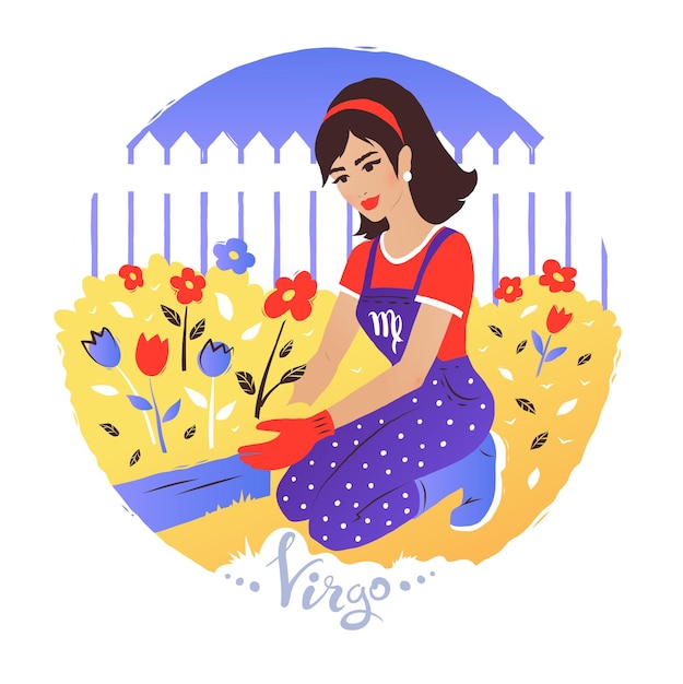 Signo zodiacal de virgo. mujer joven que trabaja en el jardín.