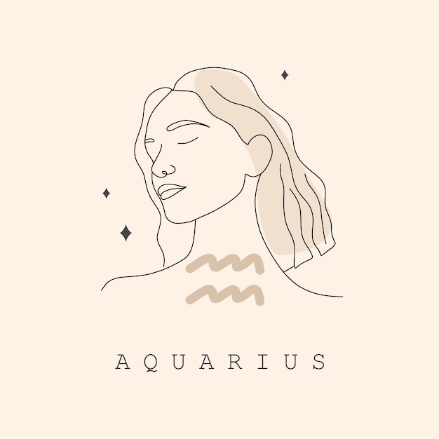 Signo del zodiaco Acuario Dibujo de una línea Icono astrológico con cara de mujer abstracta Misterio y logotipo de contorno esotérico Símbolo del horóscopo Ilustración vectorial lineal en estilo minimalista